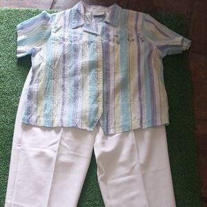 Alfred Dunner Pastel Striped Women's Button Down Shirt And Pants Set